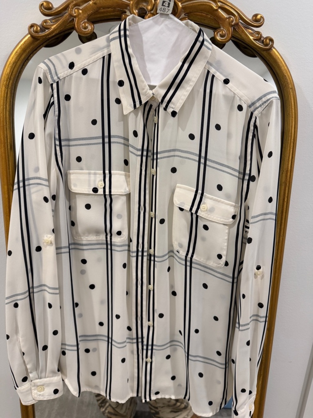 LOFT Black and Cream Striped & Polka Dot Blouse